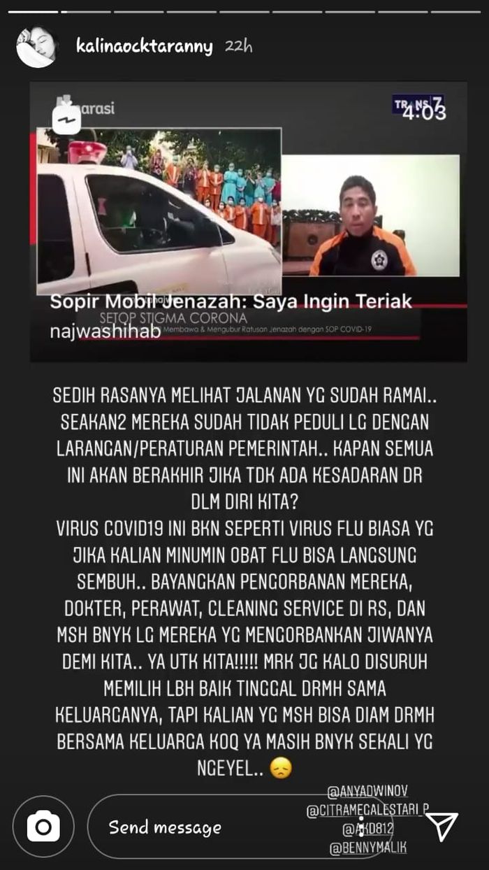 Kalina Oktarani sedih lihat jalanan kembali ramai saat pandemi corona