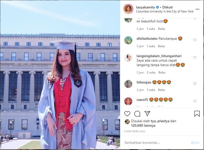 Unggahan Tasya saat rayakan kelulusan di Universitas Columbia dengan kenakan kebaya untuk memperingati hari Kartini