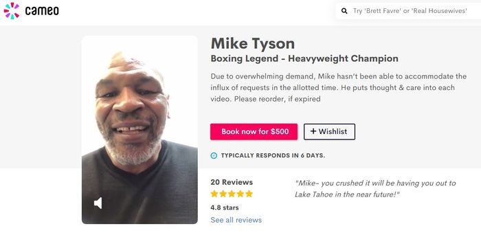 Tampilan halaman profil Mike Tyson di Cameo.