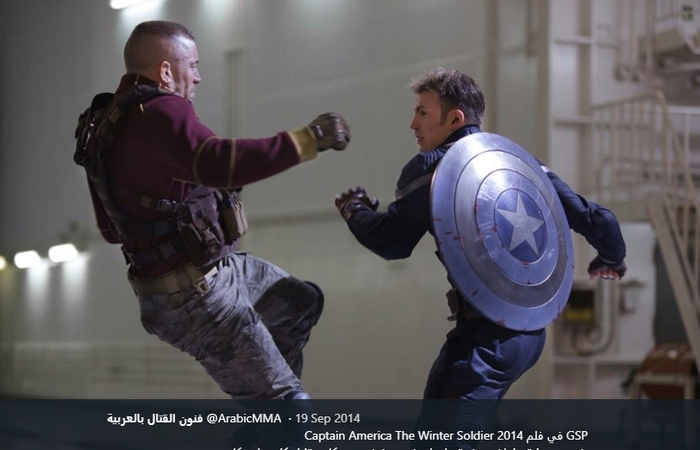 Atlet MMA, George St-Pierre (kiri) dalam salah satu adegan di film Captain America: Winter Soldier. GSP berperan sebagai tokoh antagonis Batroc the Leaper.