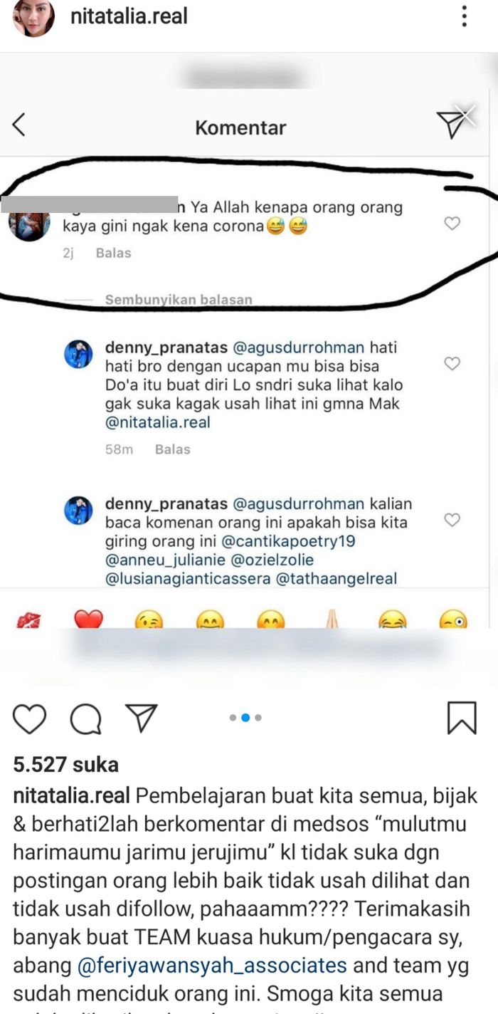Nita Thalia ciduk netizen yang menyumpahinya terkena corona.