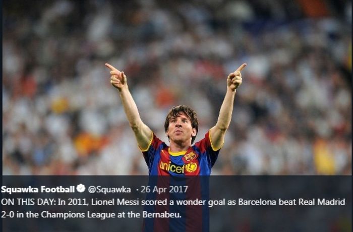 Selebrasi megabintang Barcelona, Lionel Messi,seusai menjebol gawang Real Madrid pada semifinal Liga Champions 2010-2011.