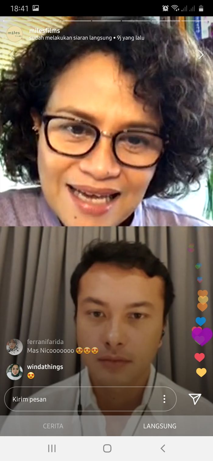 Mira Lesmana melakukan Instagram live bersama aktor Nicholas Saputra.