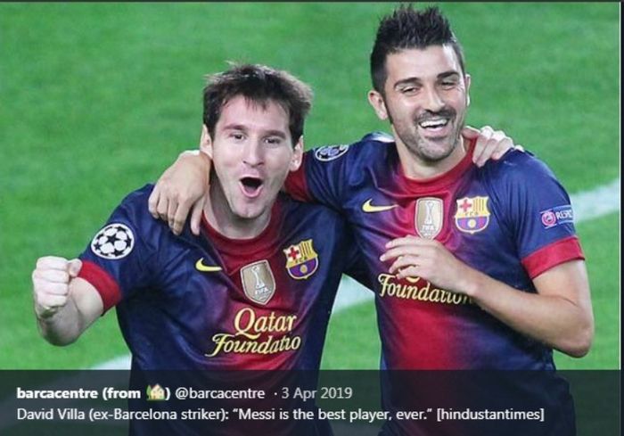 David Villa saat main bareng Lionel Messi di Barcelona.