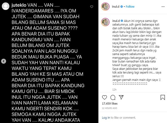Tuduhan yang dialamatkan sang netizen kepada putra Inul DaratistaInstagram @inul.d