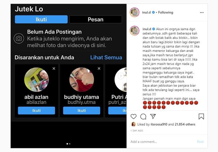 Akun yang meneror keluarganya.