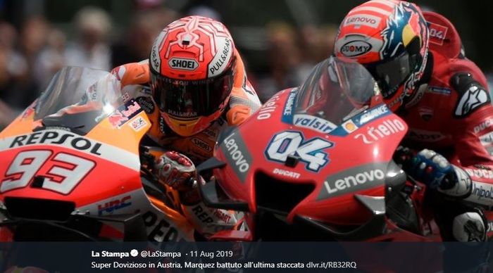 Marc Marquez (#93) dan Andrea Dovizioso (#04) bersaing ketat dalam balapan MotoGP Austria di Red Bull Ring, Austria, 11 Agustus 2019.