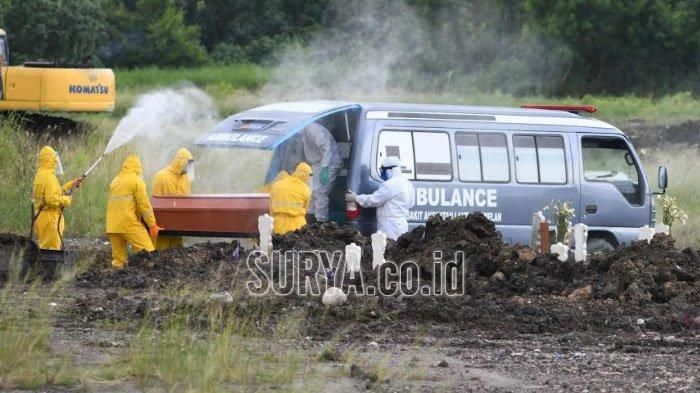 Ilustrasi pemakaman jenazah meninggal karena covid-19. Petugas pemakaman mengenakan APD lengkap