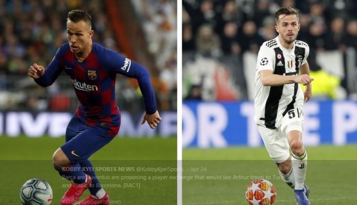 Transfer tukar guling Arthur Melo (kiri) dengan Miralem Pjanic termasuk kasus yang disorot dalam dugaan pelanggaran keuangan Juventus.