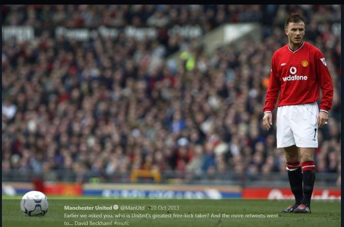 David Beckham saat hendak melakukan tendangan bebas untuk Manchester United.