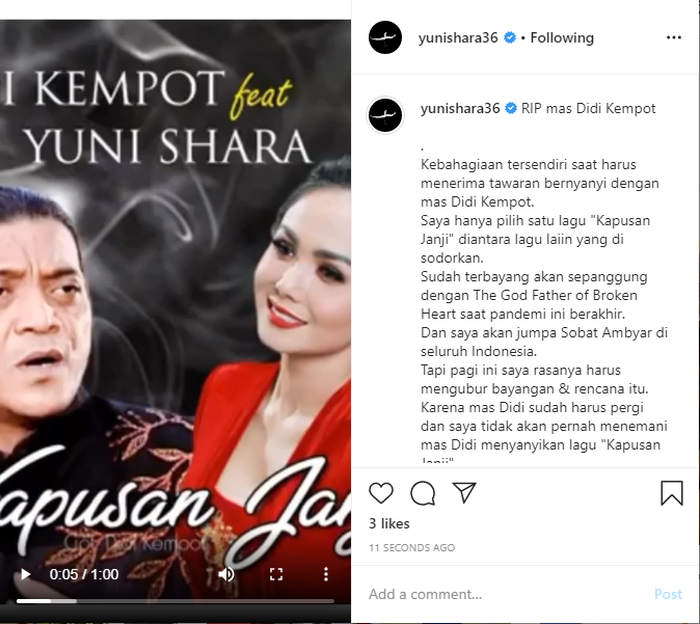 Postingan Yuni Shara terkait meninggalnya Didi Kempot.