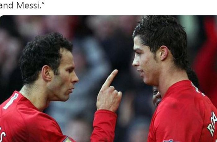 Ryan Giggs berbicara kepada Cristiano Ronaldo saat sama-sama berseragam Manchester United.