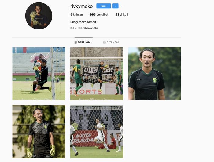 Akun Instagram palsu yang menggunakan nama kiper Persebaya, Rivky Mokodompit.