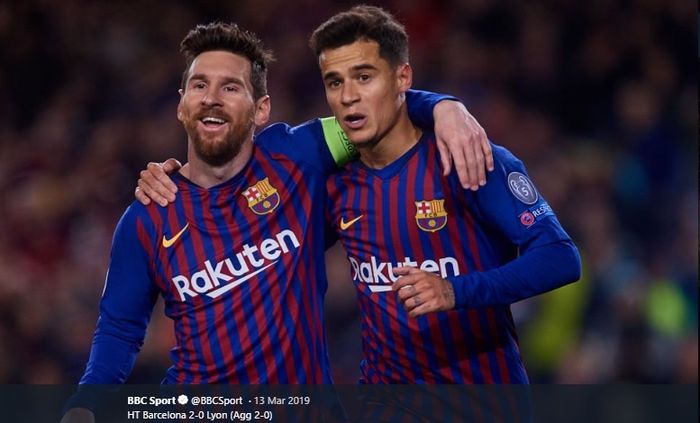 Momen kebersamaan Lionel Messi dan Philippe Coutinho pada laga Liga Champions saat Barcelona bertemu Olympique Lyon pada edisi 2018-2019.