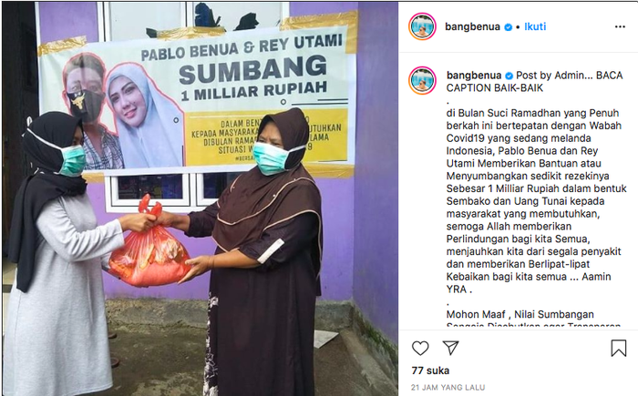 

Pablo Benua dan Rey Utami memberikan bantuan senilai Rp 1 miliar kepada masyarakat yang membutuhkan. (Instagram @bangbenua)