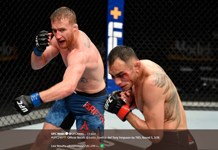 Aksi Justin Gaethje memukul Tony Ferguson pada ajang UFC 249. Gaethje dan Ferguson bertanding di VyStar Veterans Memorial, Jacksonville, Florida, AS, pada Sabtu (9/5/2020) atau Minggu WIB. Dalam duel tersebut, Gaethje dinyatakan menang atas Ferguson dengan TKO pada ronde kelima.