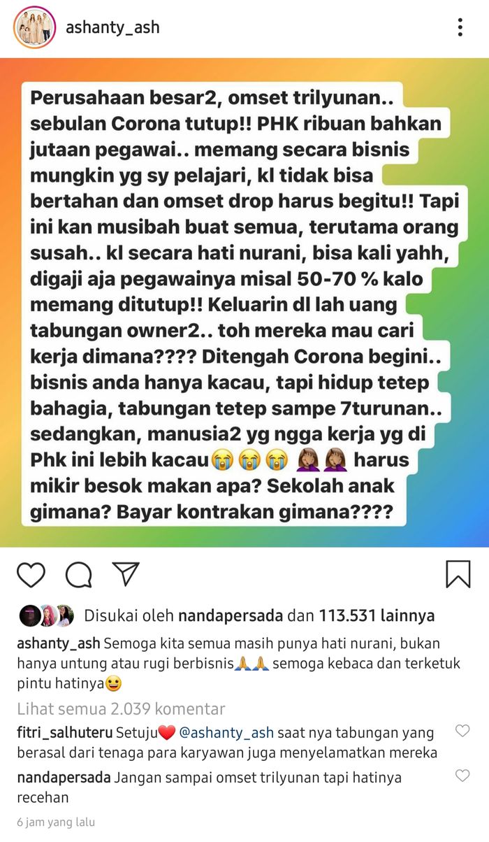 Sindiran Ashanty untuk pemilik perusahaan yang memberhentikan karyawannya.