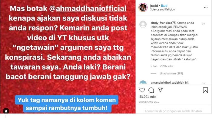 Jerinx tantang Ahmad Dhani beradu argumen.