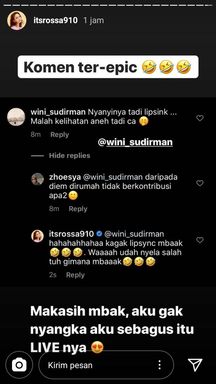 Tangkapan layar Rossa membalas komentar warganet.