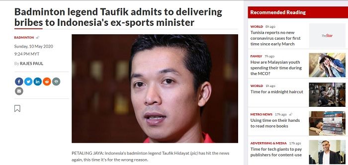 Pemberitaan media Malaysia, The Star terkait pernyataan Taufik Hidayat dalam kasus suap Menpora.