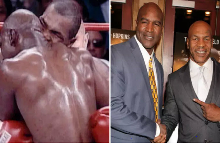 Mike Tyson menggigit kuping Evander Holyfield dalam pertarungan kelas berat WBA di Nevada, AS, 28 Juni 1997. Keduanya kini ingin bertarung lagi.