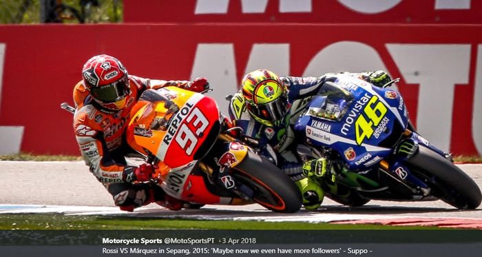 Marc Marquez (#93) dan Valentino Rossi (#46) pernah terlibat dalam insiden dalam balapan MotoGP Malaysia di Sirkuit Sepang, Malaysia, 25 Oktober 2015.