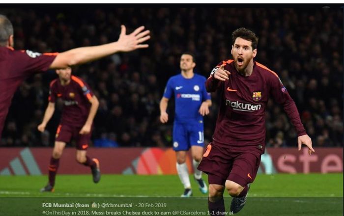 Lionel Messi merayakan golnya ke gawang Chelsea saat Barcelona bertandang ke Stadion Stamford Bridge dalam laga Liga Champions 2017-2018.