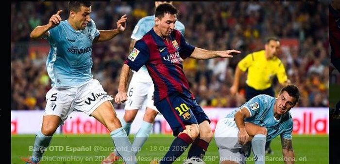 Lionel Messi berada di antara kawalan pemain Eibar dalam duel Liga Spanyol, 18 Oktober 2014.