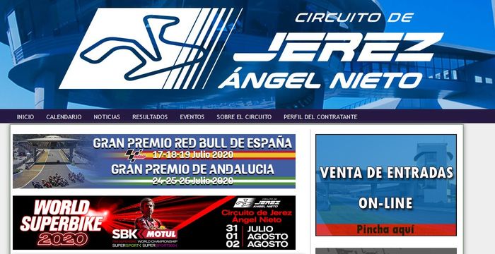 Tangkapan layar dari laman resmi Sirkuit Jerez-Angel Nieto. Terlihat pengumuman soal jadwal baru balapan MotoGP pada 19 dan 26 Juli.