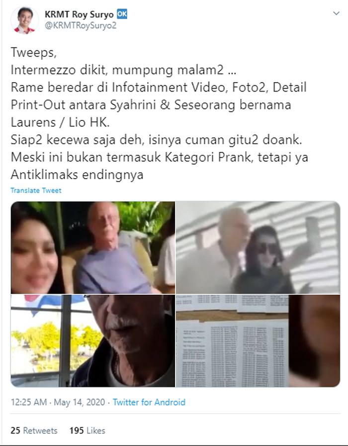 Roy Suryo soroti kasus video panas Syahrini dan hubunggannya dengan Laurens.
