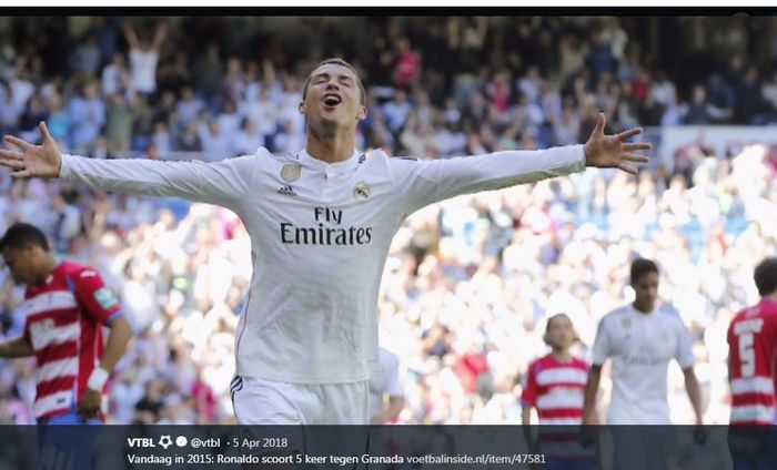 Cristiano Ronaldo merayakan golnya untuk Real Madrid ke gawang Granada dalam partai Liga Spanyol 2014-2015.