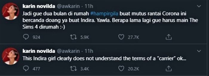 Tangkapan layar cuitan twitter @awkarin