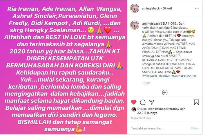 Unggahan Aming terkait banyaknya kabar duka yang menghiasi berita Tanah Air