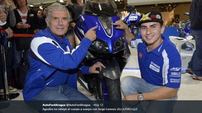 Giacomo Agostini (kiri) terlibat perseteruan dengan Jorge Lorenzo (kanan) karena komentarnya soal kegagalan Lorenzo di Ducati.