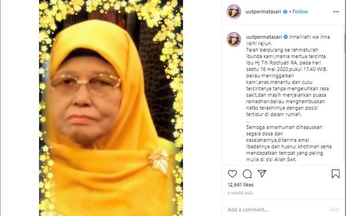 Kabar duka dari <a href='https://pontianak.tribunnews.com/tag/uut-permatasari' title='Uut Permatasari'>Uut Permatasari</a>