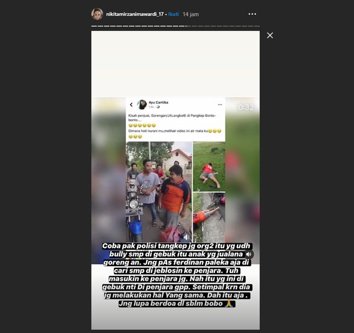 Nikita Mirzani soroti pembullyan bocah penjual gorengan.