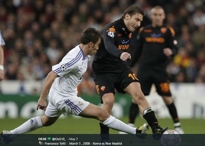 Penyerang AS Roma, Francesco Totti, mendapat hadangan dari bek tengah Real Madrid, Fabio Cannavaro, pada laga Liga Champions, Maret 2008.