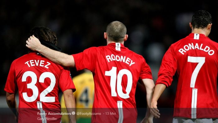 Trisula Manchester United medio 2007 sampai 2009, Carlos Tevez, Cristiano Ronaldo dan Wayne Rooney, disebut sebagai trio penyerang terbaik Liga Inggris oleh Daily Mail.