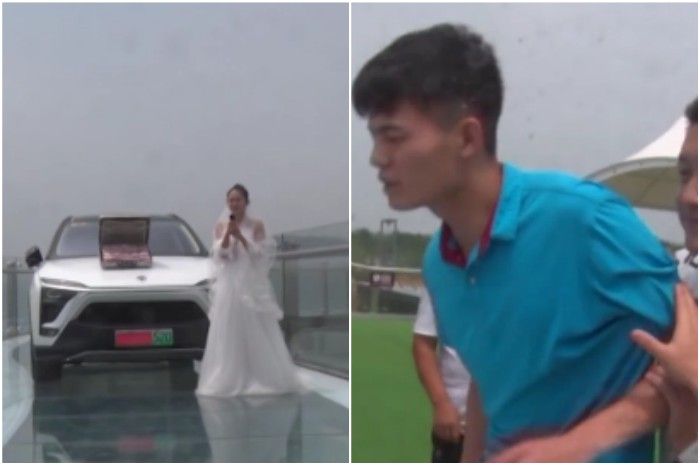 Aksi pengantin wanita melamar pacarnya di atas jembatan kaca dengan uang dan mobil mewah