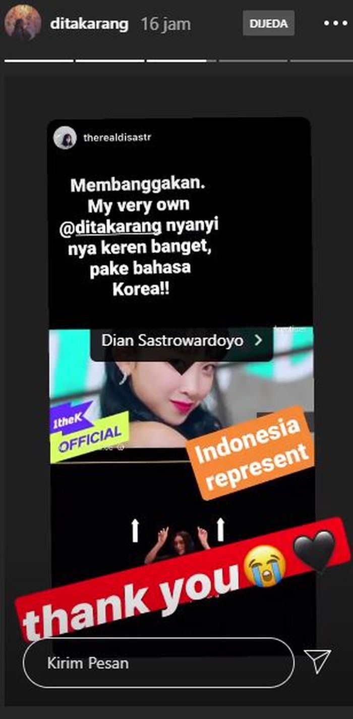Dukungan Dian Sastro untuk Dita Karang yang baru saja debut sebagai anggota grup K-Pop