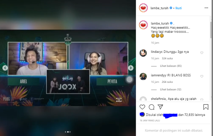 Main game bareng, reaksi Ariel Noah ke Pevita Pearce dapatkan komentar.