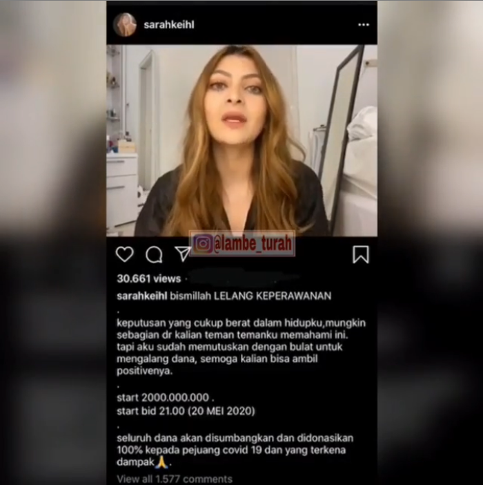 Unggahan Sarah Keihl soal lelang keperawanan