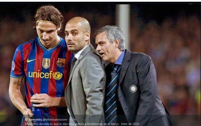 Jose Mourinho, Pep Guardiola, dan Zlatan Ibrahimovic, dalam partai semifinal Liga Champions 2009-2010 Barcelona vs Inter Milan.