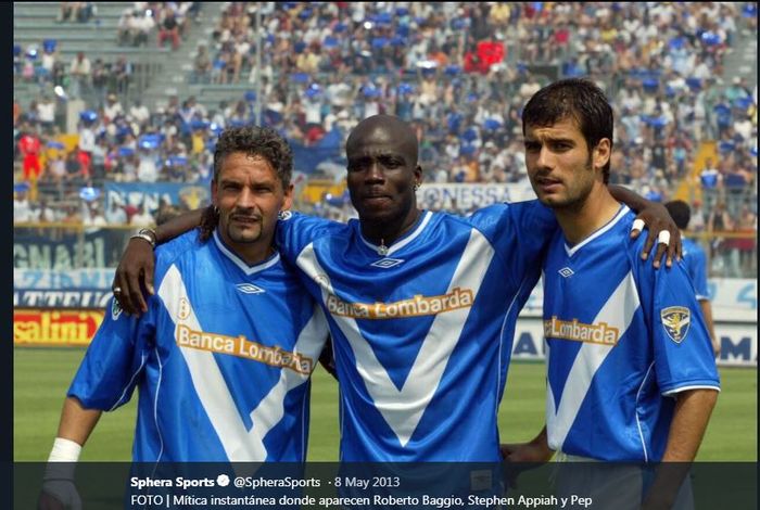 Kanan ke kiri: Pep Guardiola, Stephen Appiah, dan Roberto Baggio saat memperkuat Brescia.