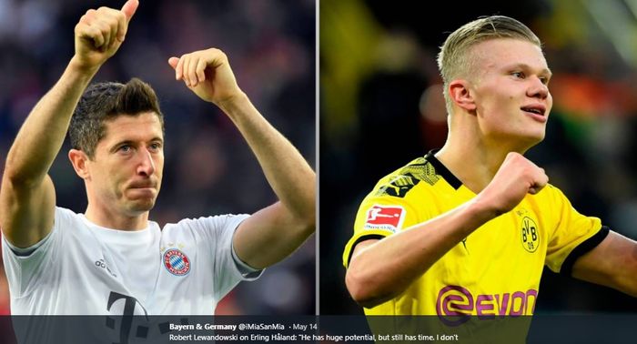 Illustrasi antara penyerang Bayern Muenchen, Robert Lewandowski dan bomber Borussia Dortmund, Erling Haaland.