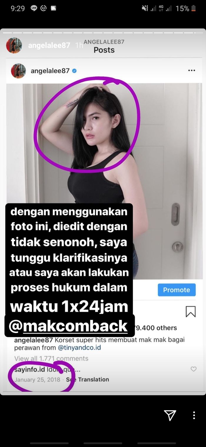 Angela Lee mengeluh di fitur Story di Instagram miliknya soal salah satu akun yang telah menggunakan fotonya tanpa izin dan disunting menjadi foto tidak senonoh.
