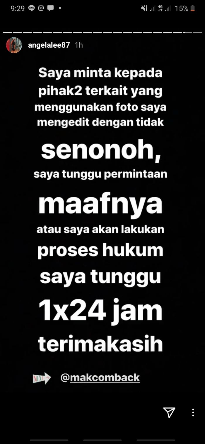 Angela Lee mengeluh di fitur Story di Instagram miliknya soal salah satu akun yang telah menggunakan fotonya tanpa izin dan disunting menjadi foto tidak senonoh.
