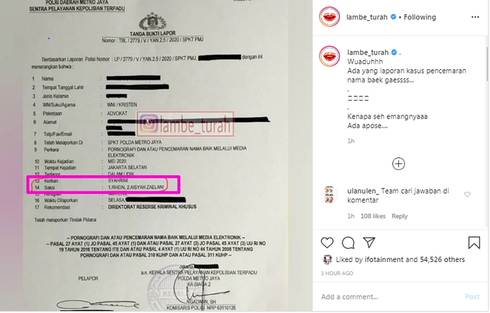 Tangkapan layar unggahan akun gosip yang memperlihatkan surat laporan dengan nama Syahrini sebagai korbannya.