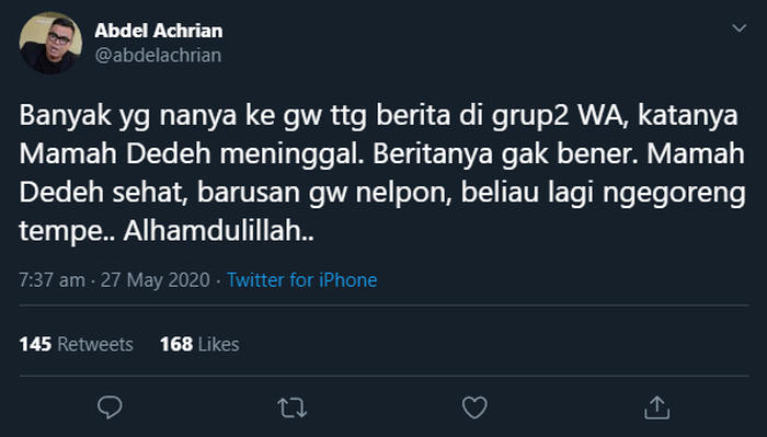 Kata Abdel Achrian soal berita meninggalnya Mamah Dedeh