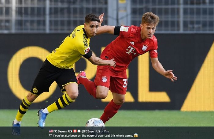 Pemain Bayern Muenchen, Joshua Kimmich, berebut bola dengan pemain Borussia Dortmund, Ahcraf Hakimi pada laga Der Klassiker, Selasa (26/5/2020).